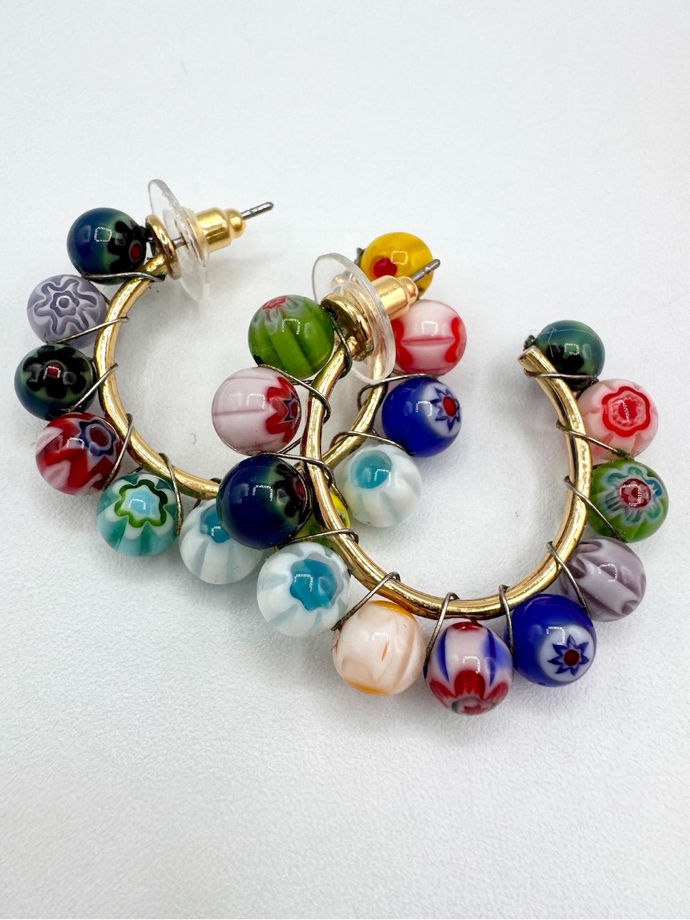 Millefiore Glass Bead Hoop Earrings Modern Multicolor Wire Strung Gold Tone